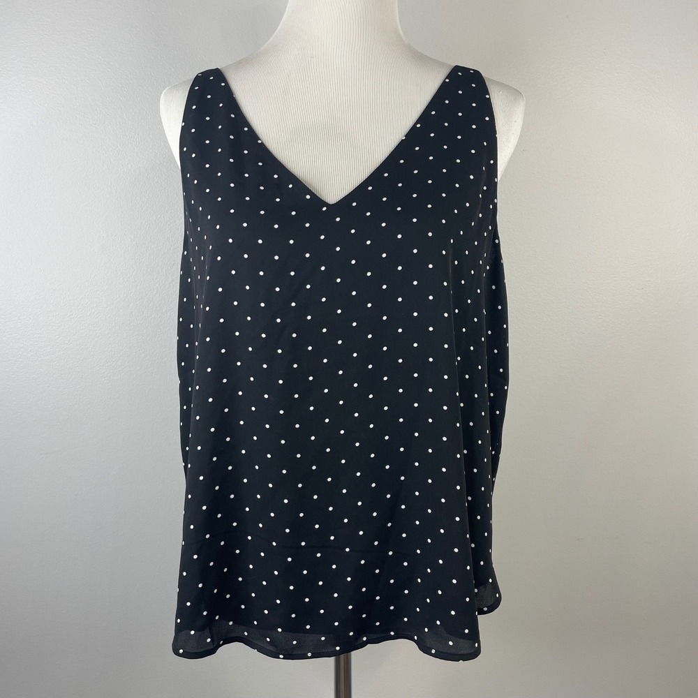 LOFT Womens Black White Polka Dot V-Neck Sleeveless Shell Top‎ Blouse L 584653